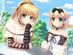  2girls alpha_(yukai_na_nakamatachi) arisa_crain_femiluna black_bow black_choker black_hairband blonde_hair blue_sky bow bow_hairband butterfly_hair_ornament choker cloud collarbone day game_cg green_eyes hair_between_eyes hair_ornament hairband hairbow head_rest long_hair long_sleeves multiple_girls off-shoulder_sweater off_shoulder outdoors ponytail sarasa_crain_femiluna short_hair siblings sisters sitting sky striped_sleeves sweater very_long_hair w.l.o_sekai_ren&#039;ai_kikou white_sweater 