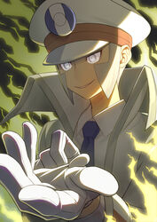  1boy blue_necktie check_commentary coat collared_shirt commentary_request dress_shirt emmet_(pokemon) gloves grey_eyes grey_hair hat high_collar highres long_sideburns long_sleeves male_focus minamo_(erkn7553) necktie parted_lips peaked_cap pokemon pokemon_bw shirt short_hair sideburns smile solo teeth trench_coat upper_body upper_teeth_only white_coat white_gloves white_hat white_shirt 