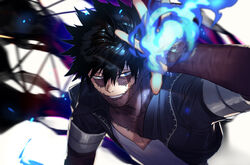  1boy black_eyes black_hair blue_eyes blue_fire boku_no_hero_academia burn_scar dabi_(boku_no_hero_academia) fire highres incoming_attack koooogasya looking_at_viewer male_focus messy_hair open_clothes open_shirt piercing scar short_hair smile solo spiked_hair upper_body v-neck 