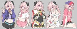  1boy abs alternate_costume astolfo_(candy_pink)_(fate) astolfo_(fate) astolfo_(memories_at_trifas)_(fate) astolfo_(sailor_paladin)_(fate) astolfo_(sparkling_frills)_(fate) backwards_hat bare_shoulders belt black_bow blouse blush bow braid choker collage commentary_request crop_top crossdressing dress drooling fate/apocrypha fate/grand_order fate_(series) gradient_hair hair_intakes hair_ornament hair_ribbon hairbow haoro hat highres hood hoodie long_braid long_hair long_sleeves looking_at_viewer male_focus midriff multicolored_hair multiple_views navel oerba_yun_fang official_alternate_costume open_mouth otoko_no_ko pink_hair pleated_skirt pout purple_eyes revealing_clothes ribbon sailor_collar sailor_dress saliva school_uniform serafuku shirt shorts simple_background single_braid sitting skirt smile streaked_hair v white_hair 