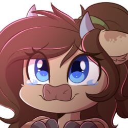  1:1 anthro blue_eyes bodily_fluids bovid bovine breasts brown_hair bust_portrait cattle chibi cleavage clothed clothing crying female hair horn icon low_res mammal mocha_latte portrait sakukitty smile solo tears 