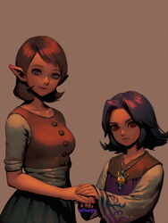  1boy age_difference anju bellhenge blue_eyes blue_skirt brown_background brown_hair brown_vest buttons commentary english_commentary eyeliner female film_grain fingernails flipped_hair frown height_difference holding_hands jewelry kafei long_sleeves looking_at_viewer makeup necklace pendant pointy_ears purple_hair red_eyes shirt side-by-side signature simple_background skirt sleeves_rolled_up smile standing the_legend_of_zelda the_legend_of_zelda:_majora&#039;s_mask vest white_shirt wide_sleeves 