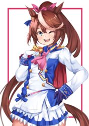  ;d absurdres animal_ears ascot asymmetrical_gloves blue_eyes blue_gloves blush brown_hair commentary_request epaulettes female gloves hair_between_eyes hair_ribbon hand_on_own_hip hand_up high_ponytail highres horse_ears horse_girl horse_tail jacket long_hair mismatched_gloves multicolored_hair one_eye_closed open_mouth pink_ascot pink_ribbon pleated_skirt ponytail ribbon setu_(shining12) single_epaulette skirt smile solo streaked_hair tail teeth tokai_teio_(umamusume) umamusume upper_teeth_only v-shaped_eyebrows very_long_hair white_background white_gloves white_hair white_jacket white_skirt 