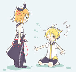  1boy anger_vein barcode black_bow black_sailor_collar black_skirt blonde_hair blush_stickers bow chibi closed_eyes commentary facial_tattoo facing_another female green_eyes hair_ornament hairbow hairclip headphones heat_haze_(module) kagamine_len kagamine_rin looking_at_another neckerchief necktie outstretched_arms project_diva_(series) sailor_collar sarashi school_uniform seiza shirt short_hair short_shorts short_sleeves shorts sitting skirt strange_dark_(module) string string_of_fate suzumi_(fallxalice) tattoo translated vocaloid white_shirt 