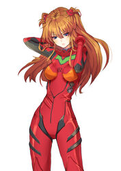  absurdres blue_eyes bodysuit breasts breasts_apart brown_hair cowboy_shot female floating_hair hair_between_eyes headgear highres ku-ini long_hair looking_down medium_breasts neon_genesis_evangelion plugsuit red_bodysuit simple_background solo souryuu_asuka_langley standing very_long_hair white_background 