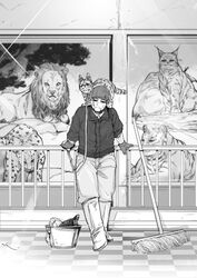  1boy alternate_costume animal animal_on_shoulder boots bucket commentary_request facial_hair feline full_body gloves golden_kamuy greyscale hair_strand hat indoors jacket leash lion looking_at_viewer male_focus monochrome mop nakamura_mami ogata_hyakunosuke pants scar scar_on_cheek scar_on_face short_hair signature sleeves_rolled_up solo standing stubble uniform zoo 