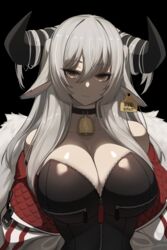  animal_ears bell black_background black_choker black_leotard breasts choker cleavage closed_mouth commentary_request cow_ears cow_girl cow_horns cowbell dev_(dev0614) ear_tag expressionless female fur-trimmed_jacket fur_trim grey_hair hair_between_eyes hair_on_horn highres horizontal_pupils horns huge_breasts jacket leotard looking_at_viewer neck_bell off_shoulder open_clothes open_jacket original partially_unzipped simple_background solo upper_body white_jacket yellow_eyes zipper_pull_tab 