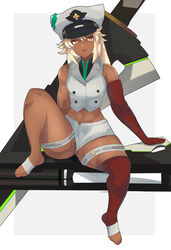  absurdres bandaged_arm bandages blonde_hair clover dark-skinned_female dark_skin djames female four-leaf_clover guilty_gear guilty_gear_strive hat highres military_hat ramlethal_valentine red_bandage thick_thighs thighs yellow_eyes 