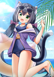  animal_ear_fluff animal_ears black_hair blue_one-piece_swimsuit blue_sky cat_ears cat_girl cat_tail cloud commentary_request day eyewear_on_head female green_eyes horizon inakami innertube jacket karyl_(princess_connect!) lens_flare long_hair looking_at_viewer low_twintails multicolored_hair ocean old_school_swimsuit one-piece_swimsuit open_mouth outdoors princess_connect! purple_jacket school_swimsuit sky solo streaked_hair sunglasses swim_ring swimsuit tail twintails very_long_hair white_hair 