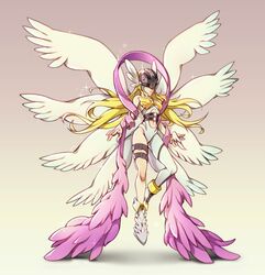  angel_wings angewomon asymmetrical_clothes asymmetrical_footwear bare_shoulders belt blonde_hair breasts commentary covered_eyes digimon digimon_(creature) feathered_wings female helmet helmet_over_eyes highres holy_ring long_hair mismatched_footwear multiple_wings o-ring o-ring_belt oxcoxa solo thigh_strap winged_helmet wings wrist_wings 