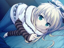  alpha_(yukai_na_nakamatachi) arisa_crain_femiluna bed_sheet black_ribbon blonde_hair blue_pants closed_mouth denim earrings female frown game_cg green_eyes hair_between_eyes hair_ribbon indoors jewelry long_hair long_sleeves looking_at_viewer lying off-shoulder_sweater off_shoulder on_side pants ponytail ribbon sleeves_past_wrists striped_sleeves sweater w.l.o_sekai_ren&#039;ai_kikou white_sweater 