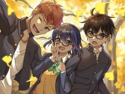  2boys :d :o ;d autumn black-framed_eyewear black_eyes black_hair black_jacket blue_eyes blue_hair blurry blurry_background blush bow bowtie ciel_(tsukihime) commentary_request day ear_piercing eyebrows_hidden_by_hair female gakuran glasses green_bow green_bowtie grey_eyes head_tilt high_collar highres inui_arihiko jacket leaf locked_arms long_sleeves looking_at_viewer loose_bowtie lower_teeth_only mixgrill multiple_boys one_eye_closed open_clothes open_collar open_jacket open_mouth orange_hair outdoors partially_unbuttoned piercing school_uniform selfie shirt short_hair smile standing sweatdrop taking_picture teeth tohno_shiki tree tsukihime tsukihime_(remake) undercut upper_body v vest white_shirt wing_collar yellow_vest 