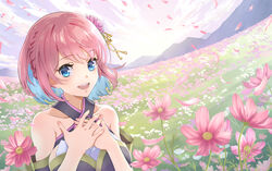  :d blue_eyes blue_hair blush breasts colored_inner_hair female field flower flower_field flower_request hair_flower hair_ornament hien_madoka highres large_breasts light_blue_hair megalight_production multicolored_hair nishiwaki open_mouth petals pink_hair short_hair sleeveless smile solo upper_body virtual_youtuber 