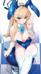  absurdres animal_ears bare_shoulders blonde_hair blue_archive blue_bow blue_eyes blue_hairband blue_halo blue_leotard bow bowtie braid breasts checkered_floor detached_collar fake_animal_ears female from_above hairband halo highleg highleg_leotard highres leotard long_hair medium_breasts nox13 official_alternate_costume official_alternate_hairstyle playboy_bunny rabbit_ears sitting solo stool strapless strapless_leotard thighhighs thighs toki_(blue_archive) toki_(bunny)_(blue_archive) v very_long_hair white_thighhighs wrist_cuffs 