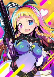  alyce_(dohna_dohna) assault_rifle black_bodysuit black_gloves black_hairband blonde_hair blue_eyes blunt_bangs bodysuit braid breasts checkered collarbone commentary detached_sleeves dohna_dohna_issho_ni_warui_koto_o_shiyou dress earrings female gloves gun hairband heart heterochromia highres jewelry long_hair looking_at_viewer medium_breasts open_mouth pocket_watch rifle side_braids skin_tight solo strapless strapless_dress tatsuya_(trypaint) teeth trigger_discipline twin_braids upper_teeth_only watch weapon white_sleeves wrist_cuffs 