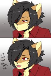  anthro black_hair clothed clothing domestic_cat ellipsis english_text eye_patch eyewear felid feline felis hair hi_res humor male mammal munkeesgomu munks_(munkeesgomu) open_mouth open_smile red_eyes smile solo text 