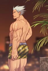  1boy alternate_costume ass bara boku_no_hero_academia death_arms_(boku_no_hero_academia) expressionless feet_out_of_frame from_side looking_at_viewer male_focus male_swimwear muscular muscular_male obliques ono_(ohno_ha) print_male_swimwear protected_link short_hair solo spiked_hair swim_briefs thighs topless_male yellow_male_swimwear 