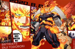  2boys armor back-to-back bara blonde_hair blue_bodysuit blue_eyes bodysuit boku_no_hero_academia bulge collage covered_abs endeavor_(boku_no_hero_academia) english_text facial_hair feathered_wings feet_out_of_frame fire happy_birthday hawks_(boku_no_hero_academia) highres koooogasya large_pectorals legs_apart male_focus mature_male multiple_boys muscular muscular_male pauldrons pectorals red_hair scar scar_across_eye scar_on_face short_hair shoulder_armor sideburns spiked_hair stubble wings 