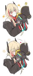  ? banana_(girls&#039;_frontline) blonde_hair closed_eyes female girls&#039;_frontline headgear heart highres hinagi_(fox_priest) implied_kiss korean_commentary long_hair long_sleeves m4_sopmod_ii_(girls&#039;_frontline) m4_sopmod_ii_(mod3)_(girls&#039;_frontline) megaphone multicolored_hair non-humanoid_robot red_eyes red_hair robot simple_background spoken_question_mark streaked_hair two-tone_hair white_background 