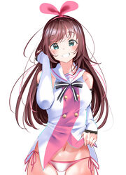  blush brown_hair collared_shirt detached_sleeves female green_eyes grin groin hairband hand_in_own_hair highres kizuna_ai kizuna_ai_inc. long_hair long_sleeves looking_at_viewer lowleg lowleg_panties midriff multicolored_hair navel panties pink_hairband sailor_collar sailor_shirt shirt side-tie_panties simple_background sleeveless sleeveless_shirt smile solo standing stomach streaked_hair thigh_gap underwear very_long_hair virtual_youtuber white_background white_panties white_sailor_collar white_shirt white_sleeves yro_(user_hwfa3732) 