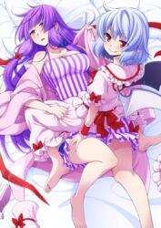  2girls barefoot bat_wings blue_hair coat dress eichi_yuu feet_out_of_frame frilled_dress frills highres light_blue_hair long_hair multiple_girls no_headwear open_mouth pajamas patchouli_knowledge pink_coat pink_pajamas pink_shirt pink_skirt purple_eyes purple_hair purple_pajamas red_eyes remilia_scarlet removing_coat removing_shoes shirt short_hair skirt smile striped_clothes striped_dress thighs toes touhou vertical-striped_clothes vertical-striped_dress very_long_hair wings 