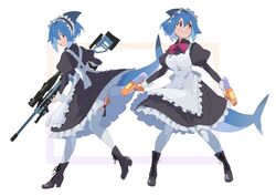  absurdres azuumori black_footwear blue_hair bow closed_mouth dual_wielding female fins fish_tail frills gun hair_between_eyes highres holding holding_gun holding_water_gun holding_weapon holster holstered light_blue_hair maid maid_headdress mako_(azuumori) multiple_views original parted_lips puffy_sleeves purple_eyes red_bow shark_fin shark_tail short_hair smile standing tail teeth thigh_strap thighhighs water_gun weapon white_legwear 