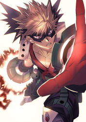  1boy bakugou_katsuki blonde_hair boku_no_hero_academia explosive eye_mask fighting_stance foreshortening gloves grenade highres koooogasya looking_at_viewer male_focus messy_hair open_hand pectoral_cleavage pectorals red_eyes red_gloves short_hair solo spiked_hair toned toned_male 