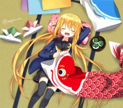  artist_name black_jacket black_sailor_collar black_skirt black_thighhighs blonde_hair blush closed_eyes commentary_request crescent crescent_pin dango female flower_(symbol) food hair_between_eyes holding jacket kantai_collection kodomo_no_hi koinobori leaf long_hair low_twintails lying nagasioo neckerchief on_ground open_mouth pillow pleated_skirt sailor_collar satsuki_(kancolle) satsuki_kai_ni_(kancolle) school_uniform serafuku skirt solo thighhighs twintails twitter_username wagashi windsock yellow_neckerchief zettai_ryouiki 