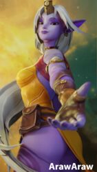  1girls 3d arawaraw ass_peek big_breasts big_hips big_thighs blender breasts closed_mouth clothed_female dress earrings female female_focus female_only hoop_earrings horn large_breasts league_of_legends league_of_legends:_wild_rift looking_at_viewer looking_back offering_hand pointy_ears ponytail purple_lips purple_skin slim solo solo_focus soraka standing tattoo thick_lips very_long_hair white_eyebrows white_hair yellow_eyes 