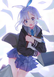  backlighting black_jacket blue_eyes blue_hair blue_neckwear blue_ribbon blue_shirt blue_skirt blush collared_shirt commentary_request female hair_ribbon hugging_object jacket long_sleeves miyoshino monokaki_aer open_clothes open_jacket open_mouth paper pleated_skirt re_aer ribbon shirt skirt solo thigh_gap virtual_youtuber white_background 