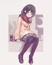  black_hair border brown_coat coat commentary crescent_moon duffel_coat ears_visible_through_hair enpera female highres hot_drink ito_daka light_smile long_hair long_sleeves moon night nijisanji outdoors pantyhose plaid plaid_skirt pleated_skirt purple_eyes red_scarf scarf shoes sitting skirt solo straight_hair tsukino_mito tsukino_mito_(6th_costume) virtual_youtuber white_background 