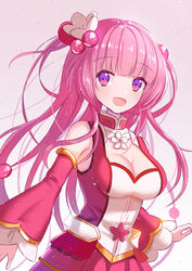  :d blunt_bangs breasts cleavage commentary_request detached_sleeves female flower flower_knight_girl gradient_background kusumoto_miya large_breasts long_hair looking_at_viewer multicolored_eyes open_mouth pink_background pink_eyes pink_hair pink_skirt plum_(flower_knight_girl) purple_eyes red_sleeves simple_background skirt smile solo upper_body white_background 