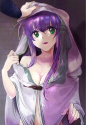  banned_artist belt_buckle breasts buckle cleavage collarbone cyaca_ab eyebrows_visible_through_hair female fire_emblem fire_emblem:_akatsuki_no_megami green_eyes hair_between_eyes hand_on_another&#039;s_head hood hood_up long_hair long_sleeves medium_breasts open_mouth purple_hair shiny shiny_hair upper_body very_long_hair wayu_(fire_emblem) 