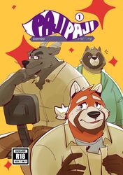  2019 ailurid anthro c4h10o canid canine clothing eyewear glasses group hi_res hoodie humanoid_hands japanese_text male mammal overweight overweight_male p0sporo raccoon_dog red_panda shirt tanuki text topwear 