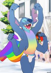  2019 4_arms 5_fingers 6/26 absurd_res alien alternate_rainbow_pride_colors anthro anthrofied blue_body blue_claws blue_fur blue_nose briefs claws closed_eyes clothed clothing disney experiment_(lilo_and_stitch) fingers flag flag_(object) fur hi_res holding_flag holding_object lgbt_pride lgbt_pride_month lilo_and_stitch male multi_arm multi_limb multicolored_clothing multicolored_shirt multicolored_topwear notched_ear open_mouth open_smile outside pink_tongue pride_color_clothing pride_color_flag pride_color_shirt pride_color_topwear pride_color_underwear pride_colors rainbow_clothing rainbow_flag rainbow_pride_colors rainbow_pride_flag rainbow_shirt rainbow_symbol rainbow_topwear raised_arm shirt shiuk six-stripe_rainbow_pride_colors sleeveless_shirt smile solo stitch_(lilo_and_stitch) tongue topwear underwear white_clothing 