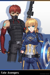  1boy absurdres ahoge armor artoria_pendragon_(fate) assault_rifle avengers_(series) belt blonde_hair captain_america captain_america_(cosplay) chinese_commentary commentary_request cosplay emiya_shirou fate/stay_night fate_(series) female finger_on_trigger fingerless_gloves gloves green_eyes gun highres kanshou_&amp;_bakuya_(fate) looking_at_viewer looking_to_the_side m4_carbine magic_circuit marvel mask mouth_mask nairobi_song orange_eyes photoshop_(medium) red_hair reverse_grip rifle saber_(fate) shield weapon winter_soldier winter_soldier_(cosplay) 