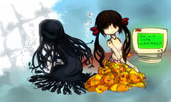  2girls black_eyes black_hair bow commentary computer elsa_maria_(madoka_magica) german_text h.n.elly_(kirsten) light looking_at_viewer mahou_shoujo_madoka_magica mahou_shoujo_madoka_magica_(anime) mirror multiple_girls nicoseiga438470 no_humans orange_eyes orange_skirt red_bow skirt tears translation_request twintails witch_(madoka_magica) 