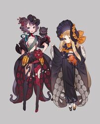  2girls :d :o abigail_williams_(fate) animal black_bow black_footwear black_headwear black_kimono black_legwear blonde_hair blue_eyes blush bonnet bow breasts commentary fate/grand_order fate_(series) forehead full_body grey_background gwayo hair_bun hair_ornament hand_on_own_hip highres japanese_clothes katsushika_hokusai_(fate) kimono long_hair long_sleeves medium_breasts multiple_girls octopus open_mouth orange_bow parted_bangs parted_lips pinching_sleeves platform_footwear purple_hair red_footwear short_sleeves simple_background single_hair_bun sleeves_past_wrists smile socks standing suction_cups symbol-only_commentary thighhighs tokitarou_(fate) very_long_hair white_legwear wide_sleeves 