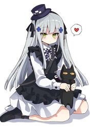  alternate_costume animal apron bad_id bad_twitter_id black_apron black_cat black_socks blunt_bangs blush bow bowtie checkered_bow checkered_bowtie checkered_clothes closed_mouth commentary_request dress facial_mark feline female frills girls&#039;_frontline green_eyes grey_hair hair_ornament hairband hat heart hk416_(black_kitty&#039;s_gift)_(girls&#039;_frontline) hk416_(girls&#039;_frontline) holding holding_animal holding_cat long_hair long_sleeves mini_hat murakami_meishi official_alternate_costume ribbed_legwear simple_background sitting socks solo teardrop white_background white_dress 