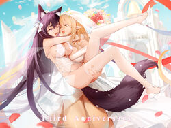  2girls ;d animal_ear_fluff animal_ears ass balloon bare_arms bare_shoulders bell blonde_hair blue_sky bouquet breasts bridal_lingerie bridal_veil carrying church cleavage commentary_request couple day dress elbow_gloves english_text flower garter_straps gloves hair_between_eyes hair_ornament hair_ribbon happy high_heels hug interspecies kisero_(kyuri_tizu) kyuri_tizu large_breasts leg_up lingerie long_hair looking_at_another mixed-language_commentary monster_girl multiple_girls one_eye_closed open_mouth original outdoors petals pointy_ears princess_carry purple_eyes purple_hair ribbon scylla sidelocks sky smile syrene_(kyuri_tizu) tail tentacle thick_eyebrows thighhighs underwear veil very_long_hair wedding wedding_dress white_dress white_footwear white_gloves white_thighhighs wife_and_wife wolf_ears wolf_girl wolf_tail x_hair_ornament yellow_eyes yuri 