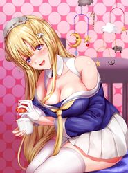  baby_bottle blonde_hair blue_eyes blue_shirt bottle breasts chair cleavage commentary_request cowboy_shot double_bun female fletcher_(kancolle) gloves hair_bun hair_ornament hairband head_tilt heart holding holding_bottle kantai_collection large_breasts long_hair mobile neckerchief off_shoulder open_mouth paint.net_(medium) pink_background pleated_skirt polka_dot polka_dot_background sabakuomoto sailor_collar school_uniform shirt sitting skirt solo star_(symbol) star_hair_ornament thighhighs white_gloves white_sailor_collar white_skirt white_thighhighs yellow_neckerchief 