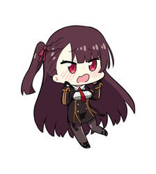  black_pantyhose blush breasts chibi commentary_request female girls&#039;_frontline hands_on_own_cheeks hands_on_own_face long_hair necktie nemoga one_side_up open_mouth pantyhose purple_hair red_eyes simple_background solo wa2000_(girls&#039;_frontline) white_background 