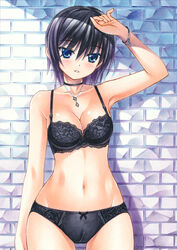  armpits black_bra black_hair black_panties blue_eyes blush bra bracelet breasts choker cleavage collarbone commentary_request cowboy_shot female groin hair_between_eyes head_tilt jewelry looking_at_viewer medium_breasts navel necklace original panties parted_lips pastel_(medium) shiny_skin short_hair solo standing thigh_gap traditional_media underwear underwear_only yuto_takumi 