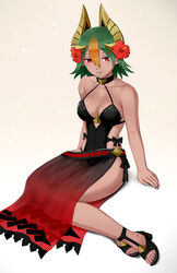  alternate_costume bad_id bad_pixiv_id bare_shoulders black_footwear black_one-piece_swimsuit breasts choker cleavage collarbone covered_navel female fire_emblem fire_emblem_heroes flower full_body gradient_background green_hair hair_between_eyes hair_flower hair_ornament hibiscus highres horn_ornament horns laegjarn_(fire_emblem) laegjarn_(summer)_(fire_emblem) legs_together looking_at_viewer medium_breasts multicolored_hair one-piece_swimsuit orange_hair pazuzu438 red_eyes sandals sarong see-through short_hair sitting solo swimsuit thighs two-tone_hair white_background 