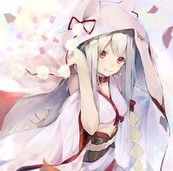  absurdres arm_up azur_lane breasts closed_mouth commentary_request fang_out female grey_hair hanagin hand_up highres hood hood_up japanese_clothes kimono long_hair looking_at_viewer medium_breasts obi oerba_yun_fang official_alternate_costume red_eyes red_ribbon ribbon sash short_eyebrows short_sleeves sidelocks solo thick_eyebrows white_kimono wide_sleeves yuudachi_(azur_lane) yuudachi_(the_bride_of_solomon)_(azur_lane) 