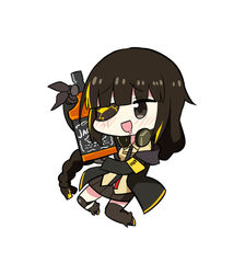  :d black_eyes black_thighhighs blush bottle braid brown_hair chibi commentary_request drooling eyepatch female girls&#039;_frontline headphones headphones_around_neck jack_daniel&#039;s jacket long_hair m16a1_(girls&#039;_frontline) necktie nemoga open_mouth shin_guards simple_background single_thighhigh smile solo thighhighs white_background yellow_eyes 