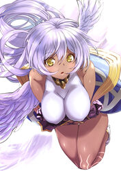  azrael_(granblue_fantasy) bad_id bad_pixiv_id bare_legs bare_shoulders blush breasts commentary_request covered_nipples dark-skinned_female dark_skin feathered_wings female gauntlets granblue_fantasy hair_between_eyes high_heels large_breasts light_purple_hair long_hair looking_at_viewer open_mouth photoshop_(medium) purple_wings single_wing solo very_long_hair white_footwear wings yellow_eyes yuu_(kfc) 