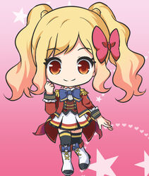  aikatsu! aikatsu!_(series) bad_id bad_pixiv_id black_thighhighs blonde_hair blue_bow boots bow brown_vest closed_mouth commentary_request epaulettes female full_body hairbow hand_up heart heart_background jacket knee_boots long_sleeves nekono_rin nijino_yume open_clothes open_jacket pleated_skirt red_bow red_eyes red_jacket s4_uniform shirt skirt smile solo standing standing_on_one_leg star_(symbol) starry_background thighhighs thighhighs_under_boots twintails vest white_footwear white_shirt white_skirt 