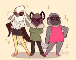  2019 accipitriform aggretsuko anthro ape avian bird clothed clothing daww director_gori eyewear female gorilla group haida_(aggretsuko) haplorhine hi_res hyena male mammal primate sanrio secretary_bird secretary_washimi spotted_hyena sunglasses sweetie_draws 