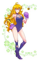  ahoge athletic_leotard bee_and_puppycat blonde_hair boots boxing_gloves breasts bumblebee_(insect) commentary_request cosplay covered_navel female halterneck highres iesupa knee_boots large_breasts leotard prosthesis prosthetic_arm rwby solo toast_(bee_and_puppycat) wavy_hair yang_xiao_long 